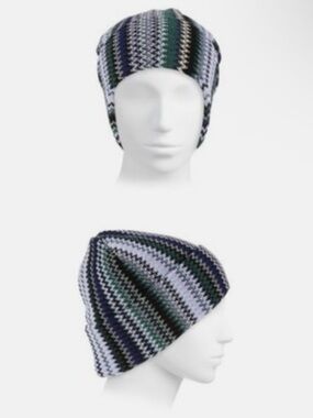 NWT Missoni Zigzag Multicolor Wool Blend Beanie Hat (Green/Gray/Blue)